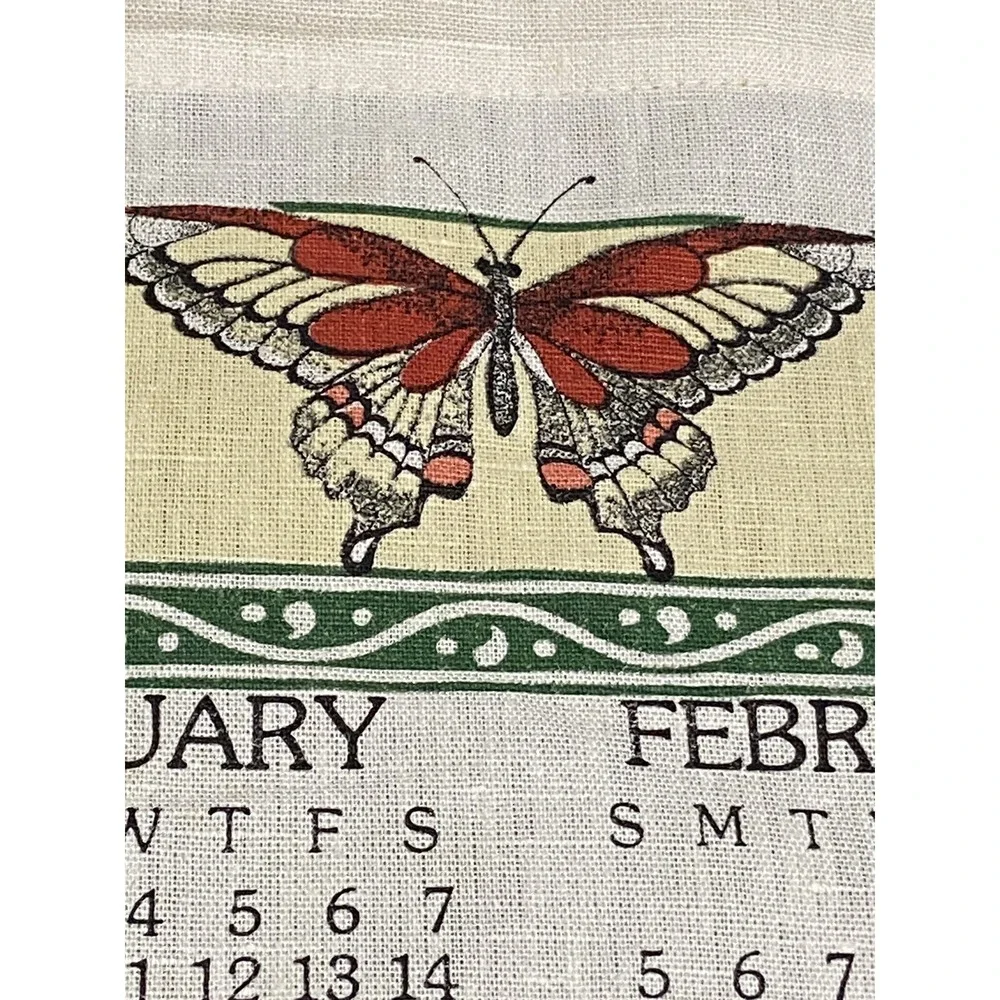 Vintage 1989 Calendar Tea Towel Linen Red Floral Butterfly Cottagecore Retro USA